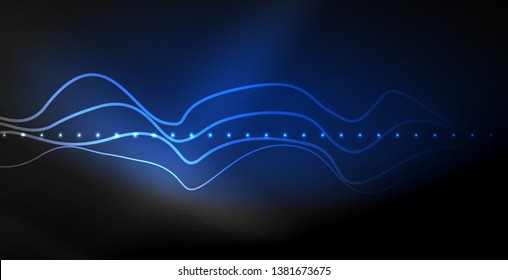 Glowing abstract wave on dark, shiny motion, magic space light. Vector techno abstract background