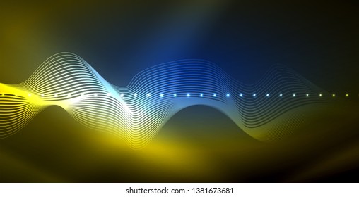 Glowing abstract wave on dark, shiny motion, magic space light. Vector techno abstract background