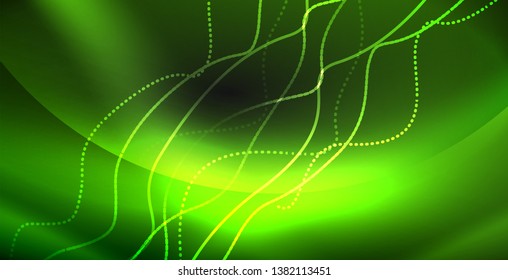 Glowing abstract wave on dark, shiny motion, magic space light. Vector techno abstract background