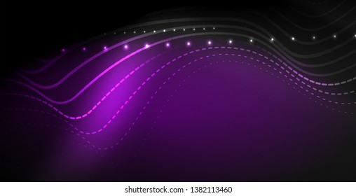 Glowing abstract wave on dark, shiny motion, magic space light. Vector techno abstract background