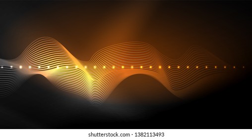 Glowing abstract wave on dark, shiny motion, magic space light. Vector techno abstract background