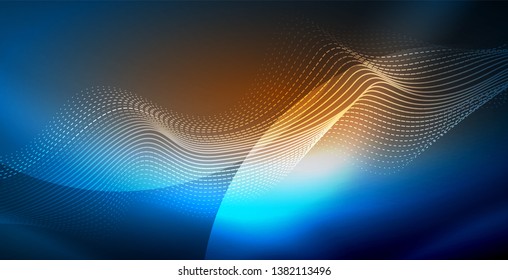 Glowing abstract wave on dark, shiny motion, magic space light. Vector techno abstract background, blue color