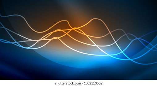 Glowing abstract wave on dark, shiny motion, magic space light. Vector techno abstract background, blue color