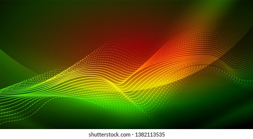Onda abstrata brilhante no escuro, movimento brilhante, luz do espaço mágico. Plano de fundo abstrato do tecno vetorial