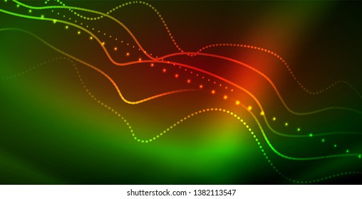 Glowing abstract wave on dark, shiny motion, magic space light. Vector techno abstract background