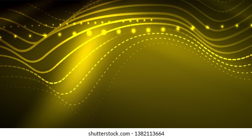 Glowing abstract wave on dark, shiny motion, magic space light. Vector techno abstract background