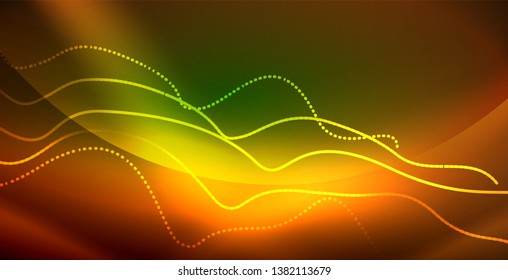 Glowing abstract wave on dark, shiny motion, magic space light. Vector techno abstract background