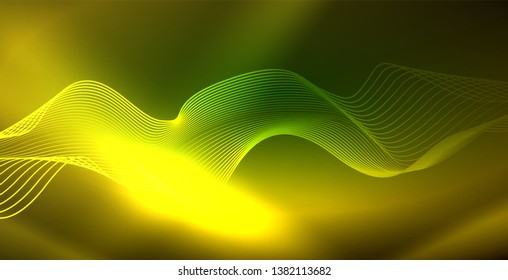 Glowing abstract wave on dark, shiny motion, magic space light. Vector techno abstract background