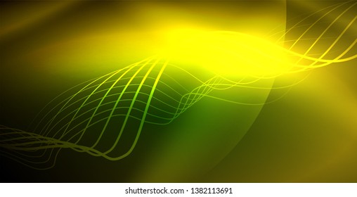 Glowing abstract wave on dark, shiny motion, magic space light. Vector techno abstract background