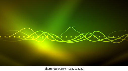 Glowing abstract wave on dark, shiny motion, magic space light. Vector techno abstract background