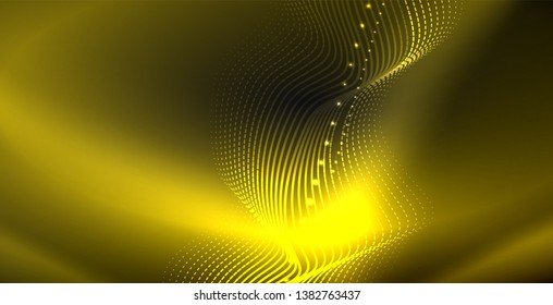 Glowing abstract wave on dark, shiny motion, magic space light. Vector techno abstract background