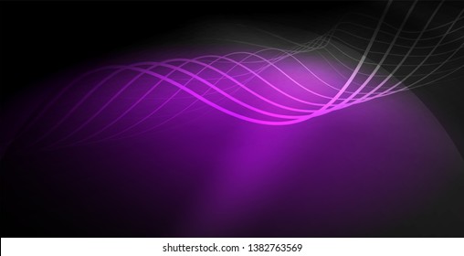 Ola abstracta brillante en movimiento oscuro y brillante, luz espacial mágica. Fondo abstracto Vector Techno