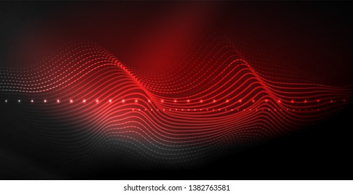 Glowing abstract wave on dark, shiny motion, magic space light. Vector techno abstract background