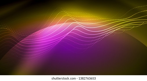 Glowing abstract wave on dark, shiny motion, magic space light. Vector techno abstract background