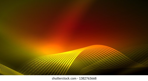 Glowing abstract wave on dark, shiny motion, magic space light. Vector techno abstract background