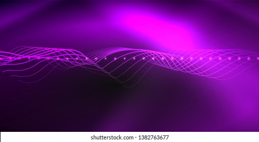 Glowing abstract wave on dark, shiny motion, magic space light. Vector techno abstract background