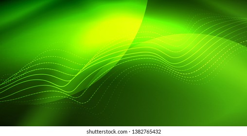 Glowing abstract wave on dark, shiny motion, magic space light. Vector techno abstract background