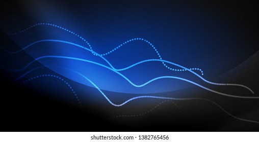 Glowing abstract wave on dark, shiny motion, magic space light. Vector techno abstract background