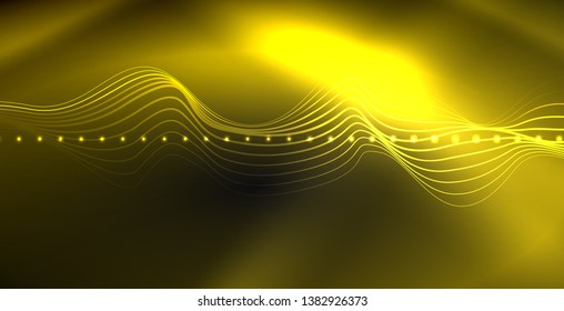 Glowing abstract wave on dark, shiny motion, magic space light. Vector techno abstract background