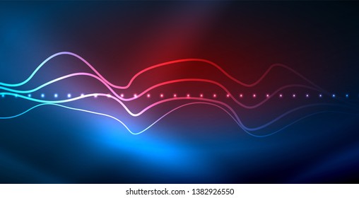 Glühende abstrakte Welle auf dunkler, glänzender Bewegung, zauberhaftes Raumlicht. Abstrakter Vektor-Techno-Hintergrund, blaue Farbe