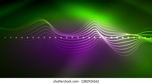 Glowing abstract wave on dark, shiny motion, magic space light. Vector techno abstract background