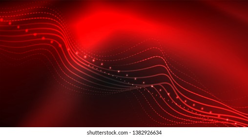 Glowing abstract wave on dark, shiny motion, magic space light. Vector techno abstract background