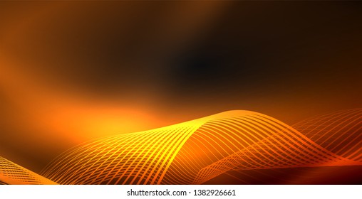 Glowing abstract wave on dark, shiny motion, magic space light. Vector techno abstract background
