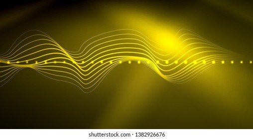 Glowing abstract wave on dark, shiny motion, magic space light. Vector techno abstract background