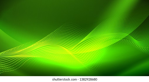 Glowing abstract wave on dark, shiny motion, magic space light. Vector techno abstract background