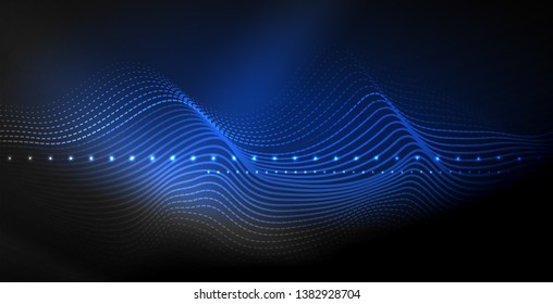 Ola abstracta brillante en movimiento oscuro y brillante, luz espacial mágica. Fondo abstracto Vector Techno