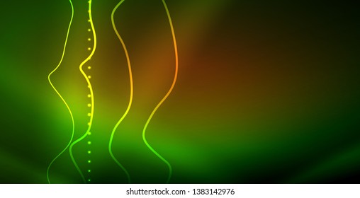 Glowing abstract wave on dark, shiny motion, magic space light. Vector techno abstract background