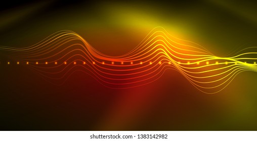 Glowing abstract wave on dark, shiny motion, magic space light. Vector techno abstract background
