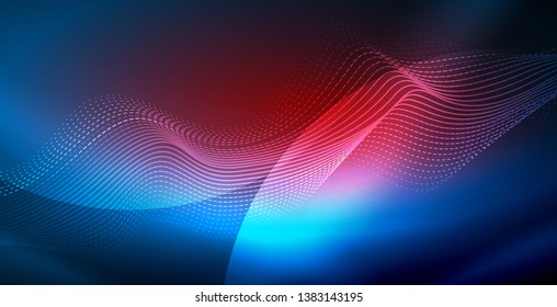 Glowing abstract wave on dark, shiny motion, magic space light. Vector techno abstract background, blue color