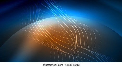 Glowing abstract wave on dark, shiny motion, magic space light. Vector techno abstract background, blue color
