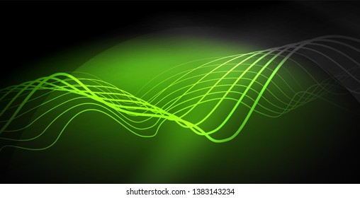 Glowing abstract wave on dark, shiny motion, magic space light. Vector techno abstract background