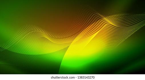 Glowing abstract wave on dark, shiny motion, magic space light. Vector techno abstract background