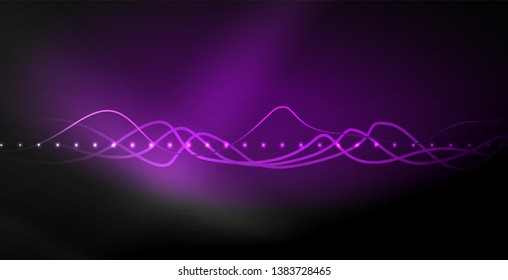 Glowing abstract wave on dark, shiny motion, magic space light. Vector techno abstract background