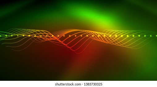 Glowing abstract wave on dark, shiny motion, magic space light. Vector techno abstract background