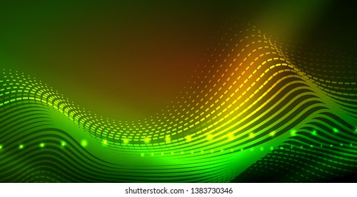 Glowing abstract wave on dark, shiny motion, magic space light. Vector techno abstract background