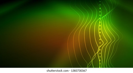 Glowing abstract wave on dark, shiny motion, magic space light. Vector techno abstract background