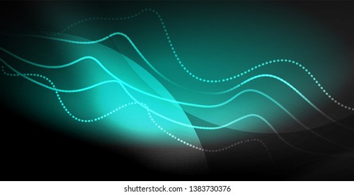 Glowing abstract wave on dark, shiny motion, magic space light. Vector techno abstract background