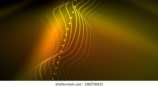 Glowing abstract wave on dark, shiny motion, magic space light. Vector techno abstract background