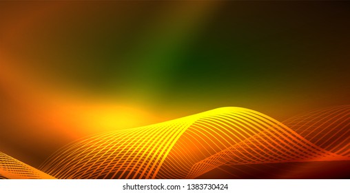 Glowing abstract wave on dark, shiny motion, magic space light. Vector techno abstract background