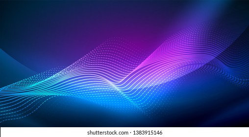 Glowing abstract wave on dark, shiny motion, magic space light. Vector techno abstract background, blue color