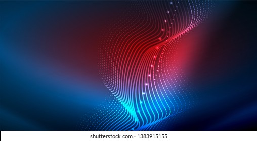 Ola abstracta brillante en movimiento oscuro y brillante, luz espacial mágica. Fondo abstracto vectorial techno, color azul