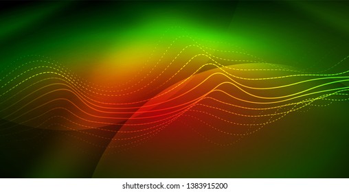 Glowing abstract wave on dark, shiny motion, magic space light. Vector techno abstract background