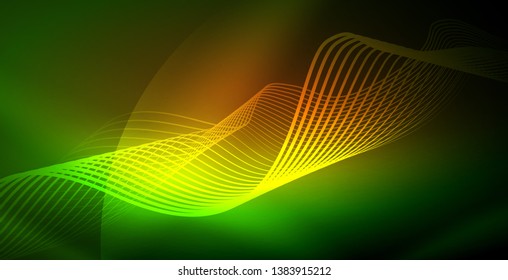 Glowing abstract wave on dark, shiny motion, magic space light. Vector techno abstract background