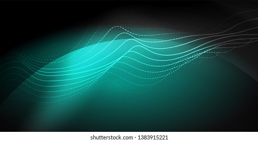 Glowing abstract wave on dark, shiny motion, magic space light. Vector techno abstract background