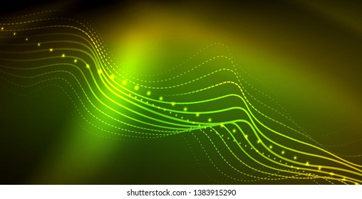 Glowing abstract wave on dark, shiny motion, magic space light. Vector techno abstract background