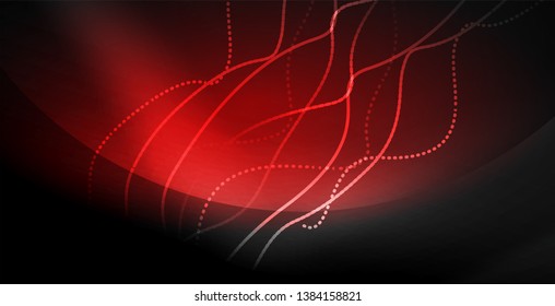 Glowing abstract wave on dark, shiny motion, magic space light. Vector techno abstract background
